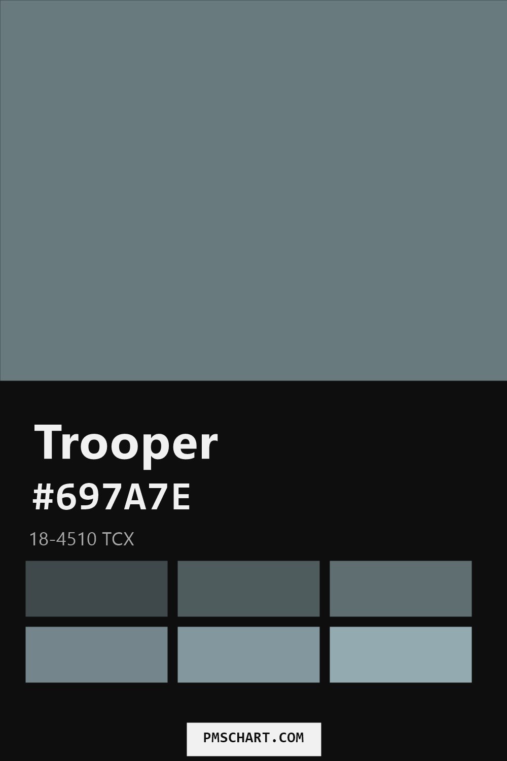 Pantone Trooper 18-4510 TCX color reference card (HEX #697A7E) with six nearest Pantone matches