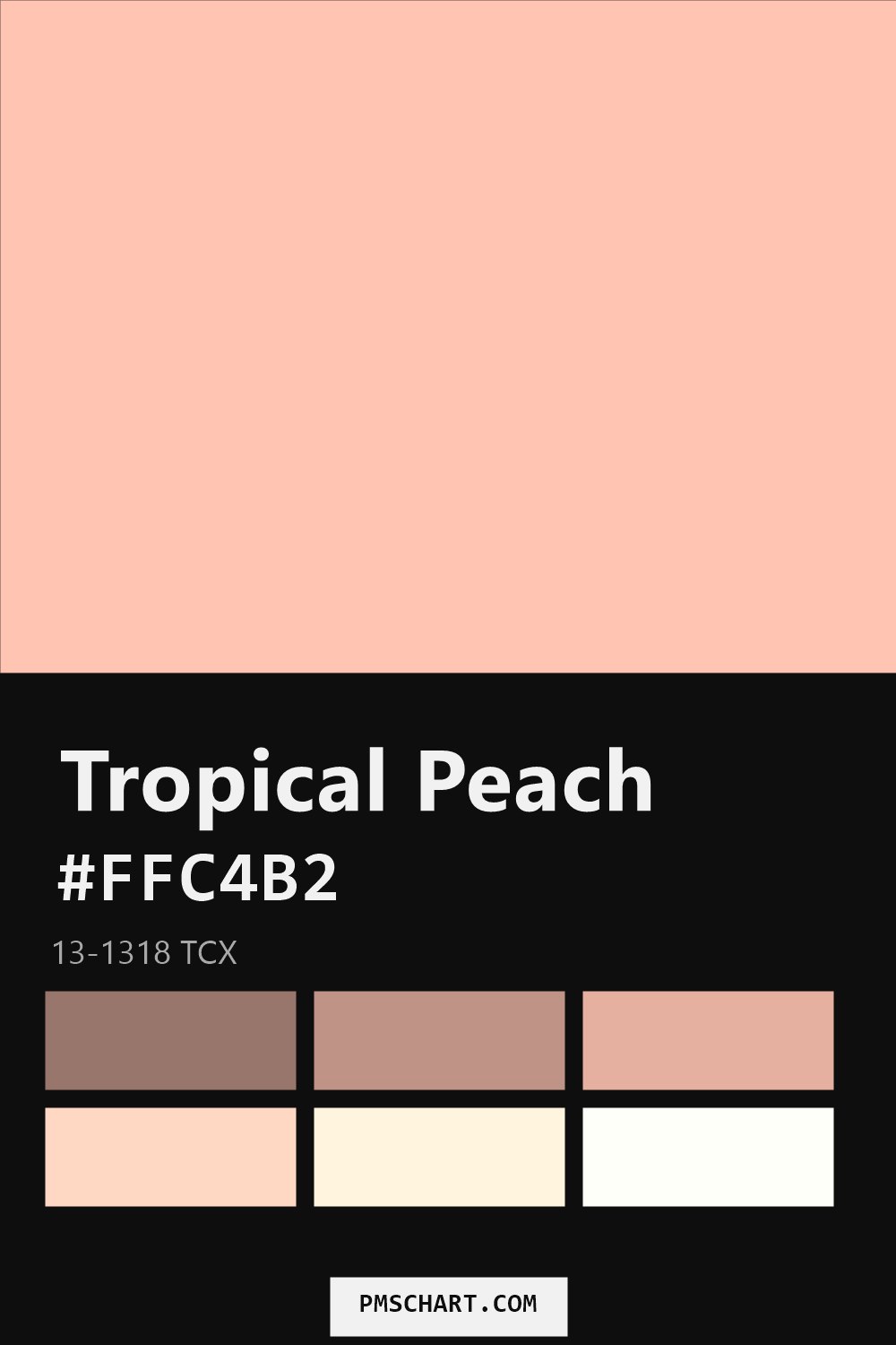 Pantone Tropical Peach 13-1318 TCX color reference card (HEX #FFC4B2) with six nearest Pantone matches