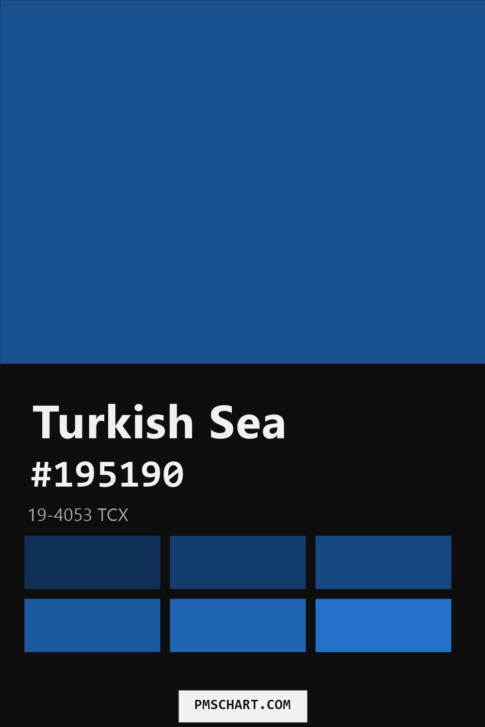 Pantone Turkish Sea 19-4053 TCX color reference card (HEX #195190) with six nearest Pantone matches