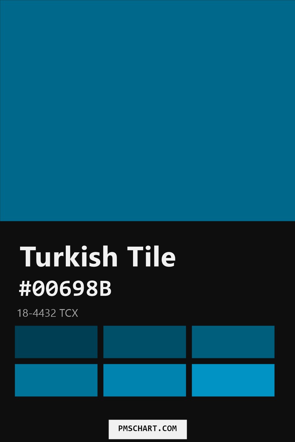 Pantone Turkish Tile 18-4432 TCX color reference card (HEX #00698B) with six nearest Pantone matches