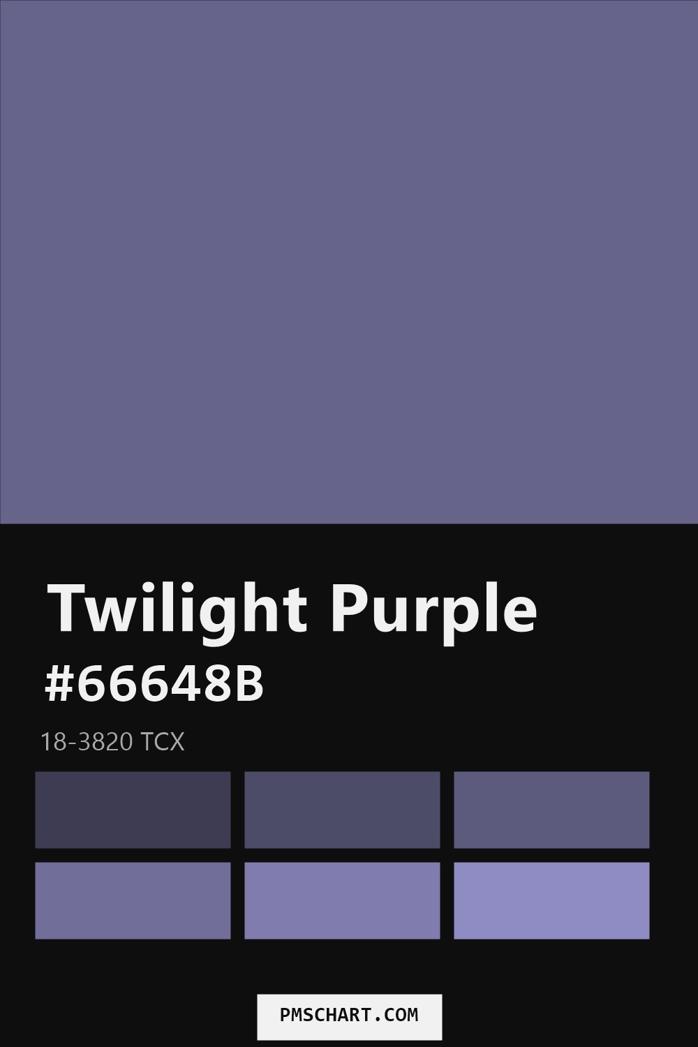 Pantone Twilight Purple 18-3820 TCX color reference card (HEX #66648B) with six nearest Pantone matches