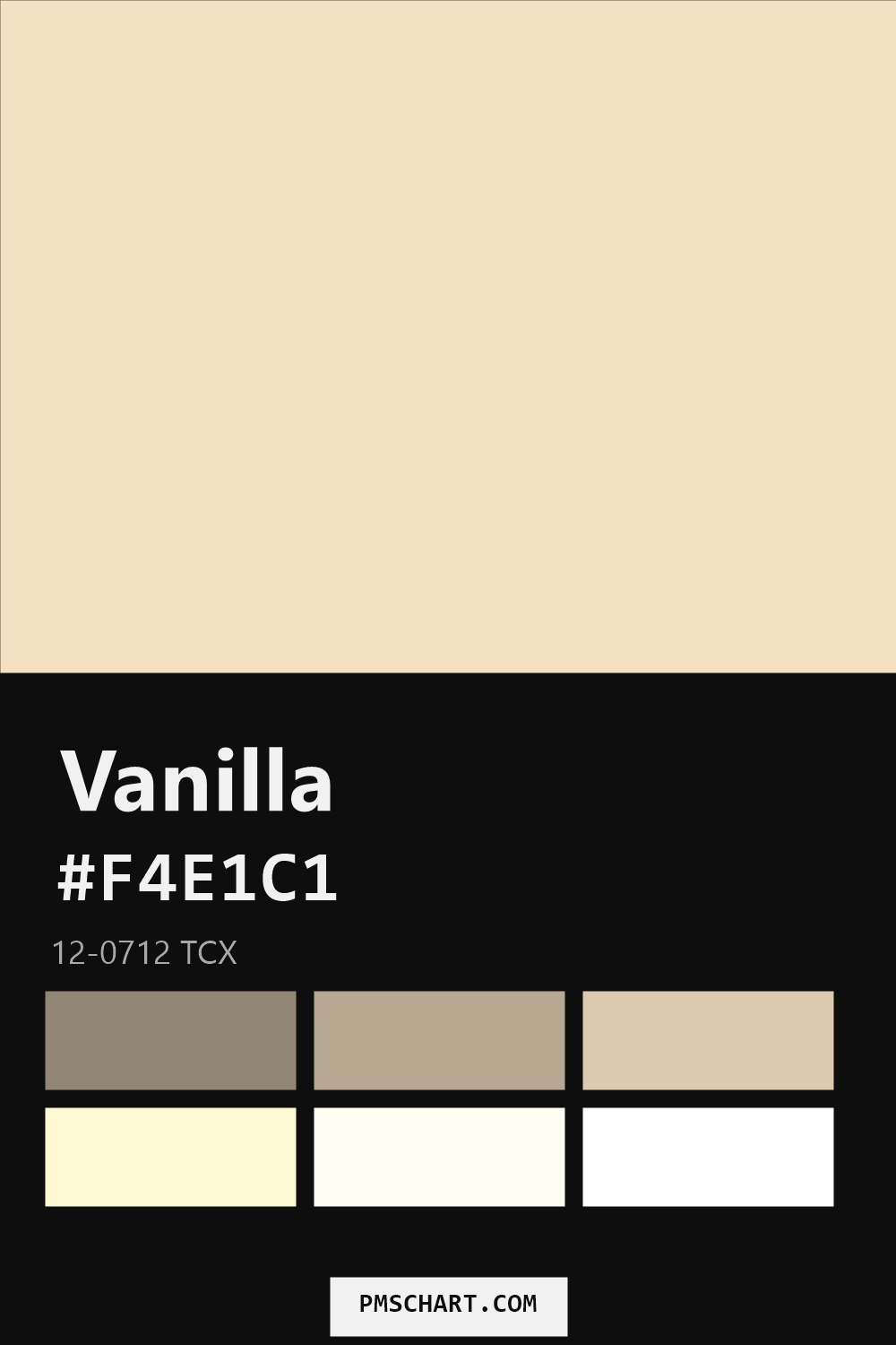 Pantone Vanilla 12-0712 TCX color reference card (HEX #F4E1C1) with six nearest Pantone matches