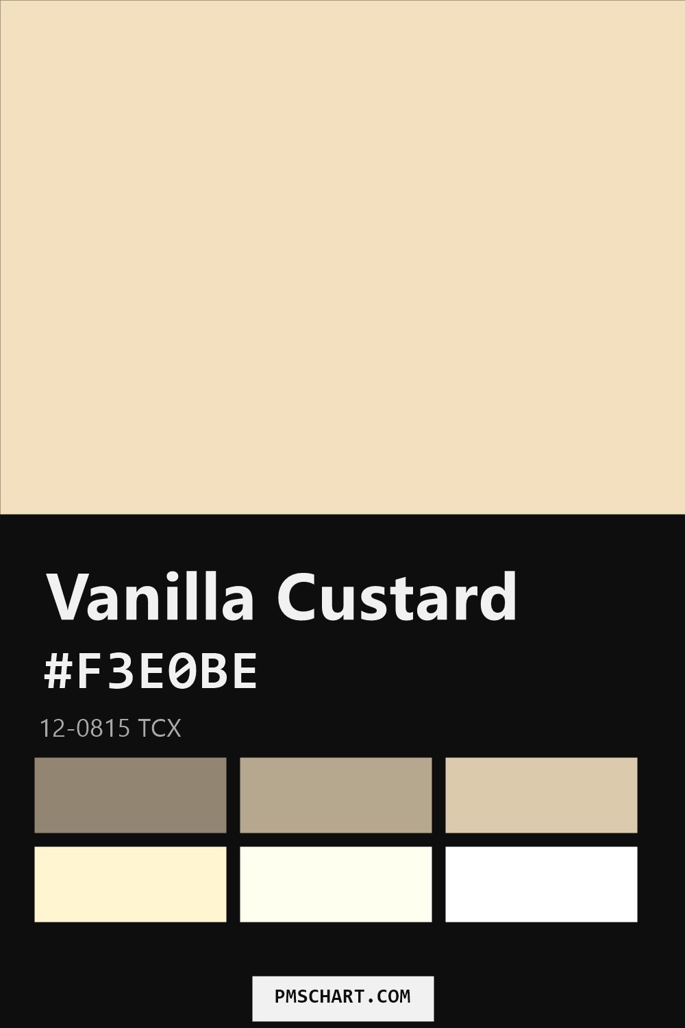 Pantone Vanilla Custard 12-0815 TCX color reference card (HEX #F3E0BE) with six nearest Pantone matches