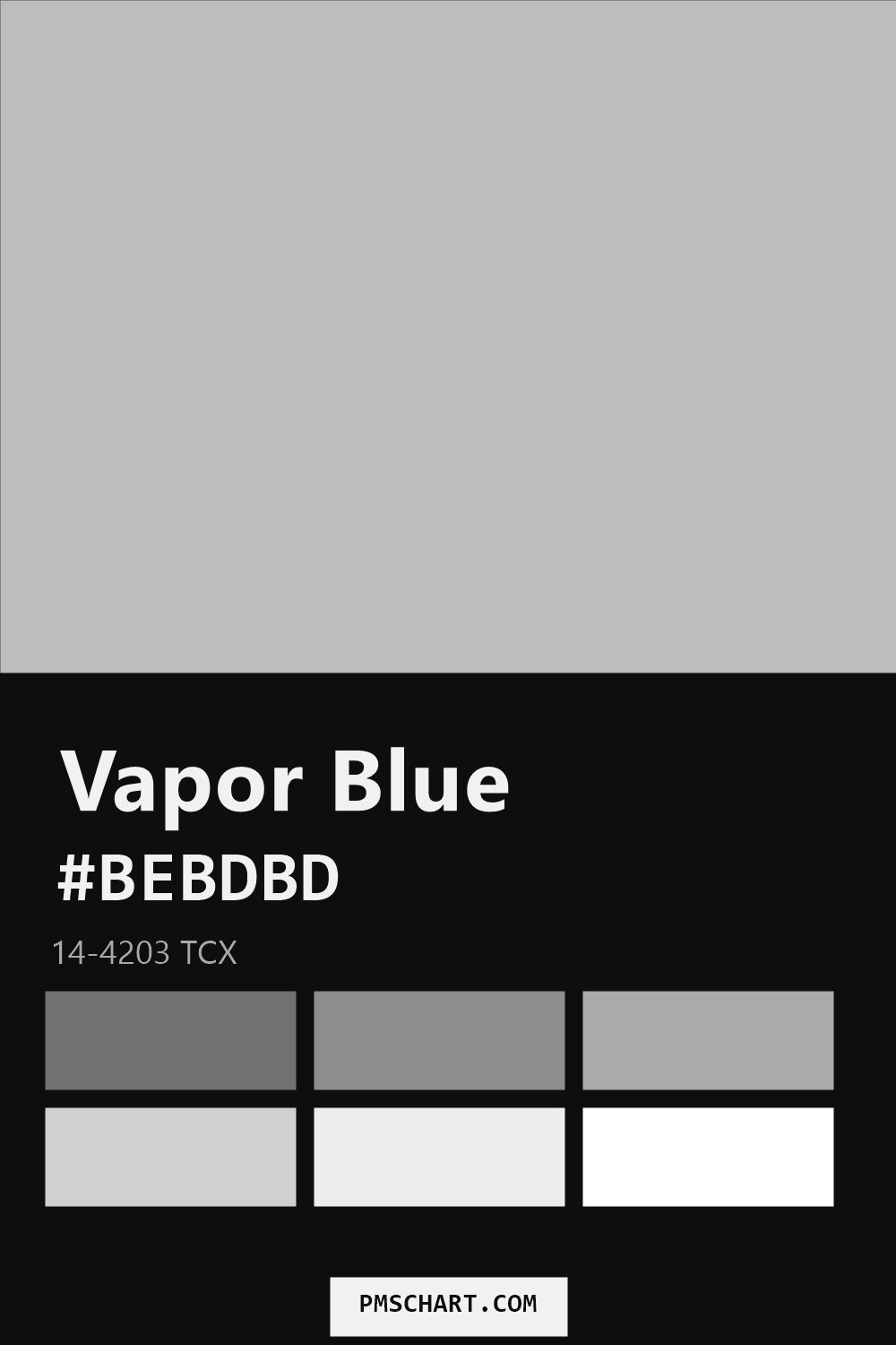 Pantone Vapor Blue 14-4203 TCX color reference card (HEX #BEBDBD) with six nearest Pantone matches