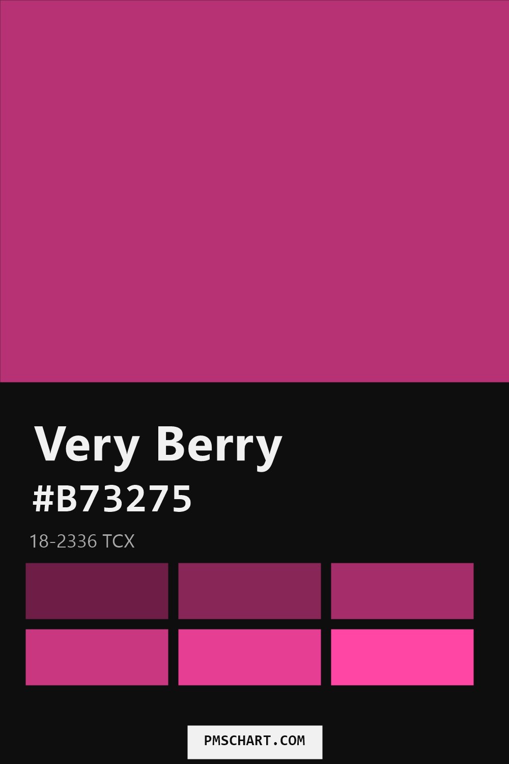 Pantone Very Berry 18-2336 TCX color reference card (HEX #B73275) with six nearest Pantone matches