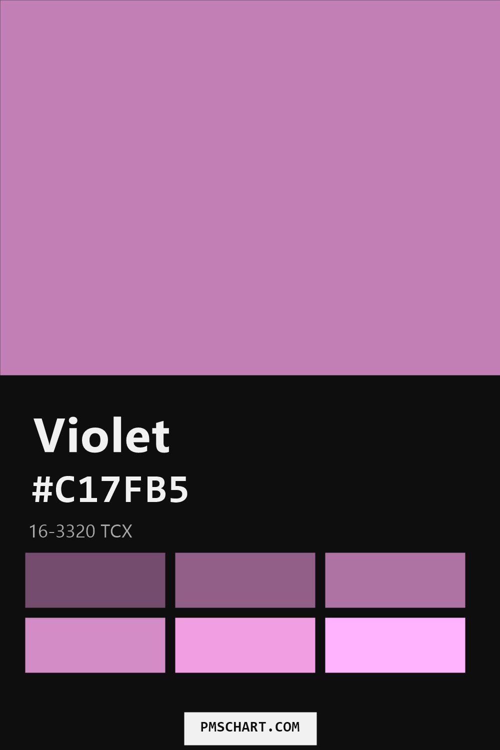 Pantone Violet 16-3320 TCX color reference card (HEX #C17FB5) with six nearest Pantone matches