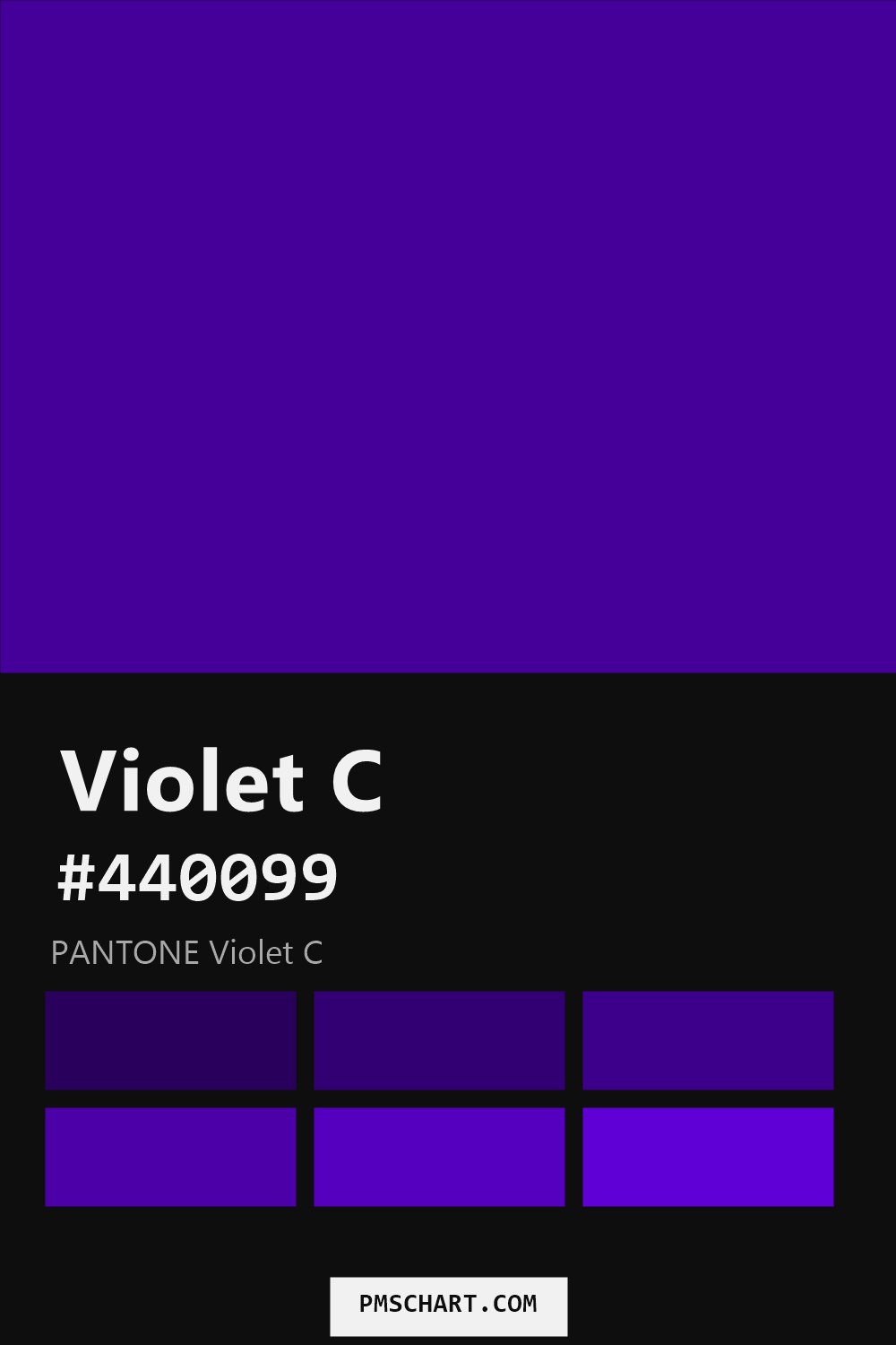 Pantone Violet C color reference card (HEX #440099) with six nearest Pantone matches