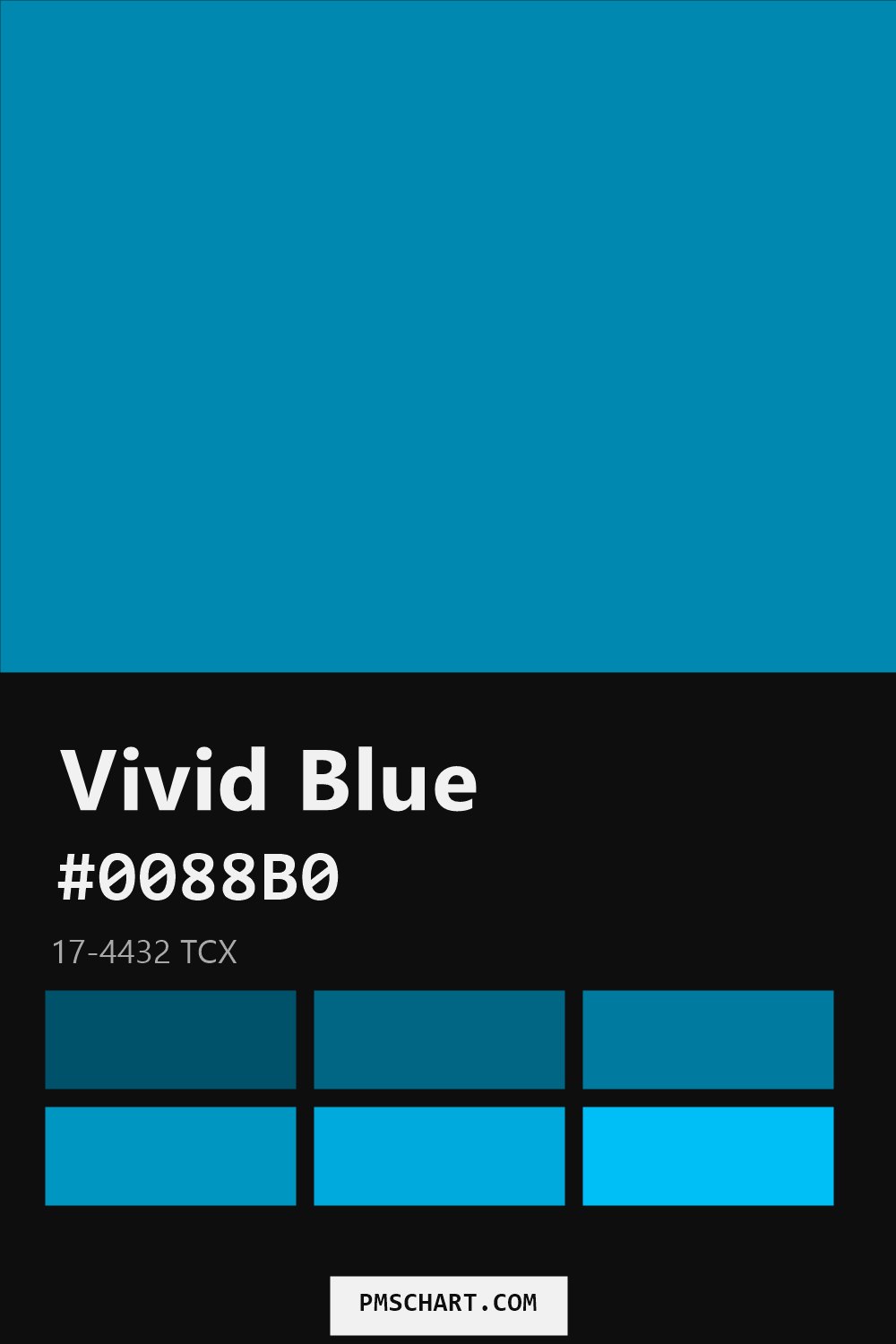 Pantone Vivid Blue 17-4432 TCX color reference card (HEX #0088B0) with six nearest Pantone matches