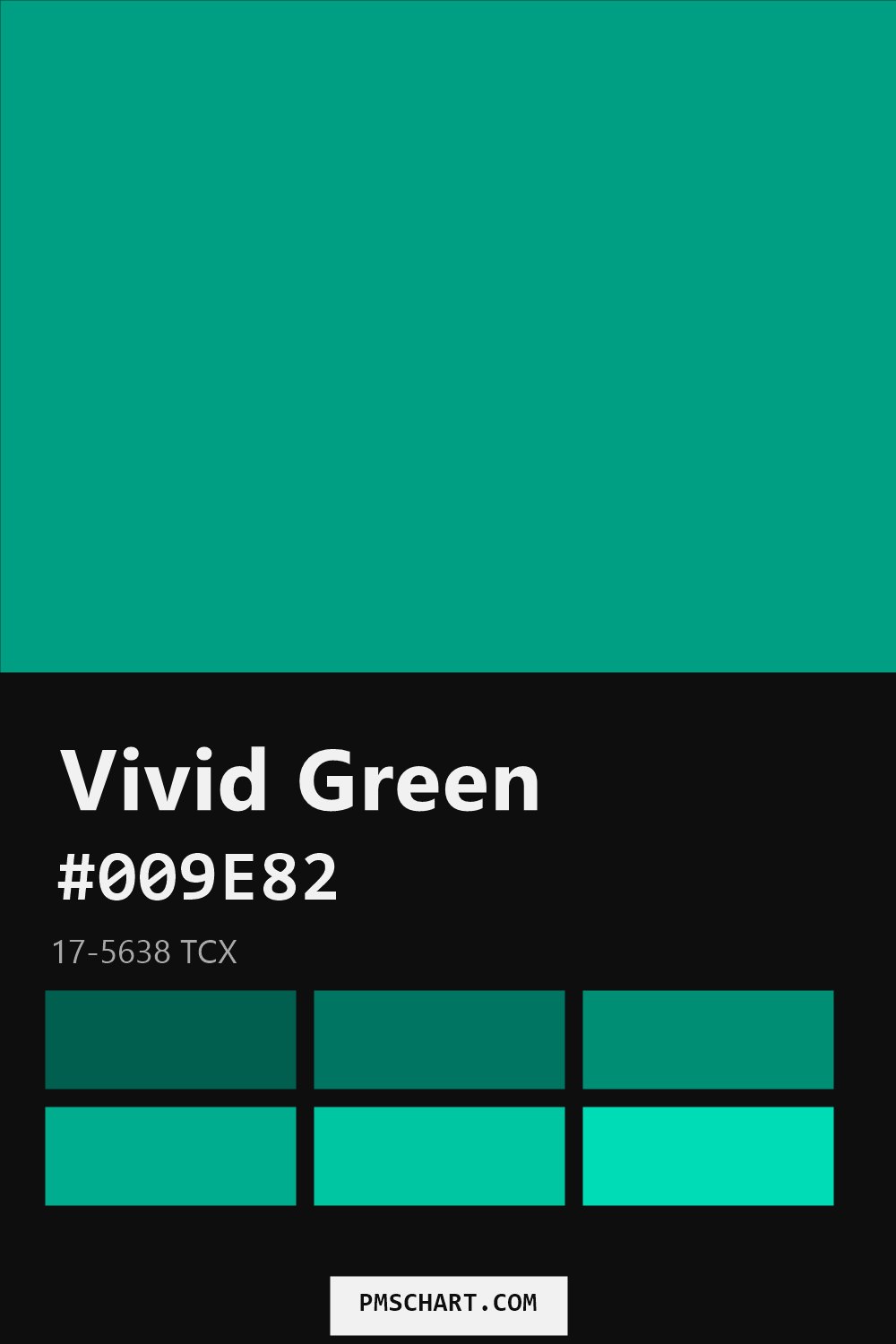 Pantone Vivid Green 17-5638 TCX color reference card (HEX #009E82) with six nearest Pantone matches
