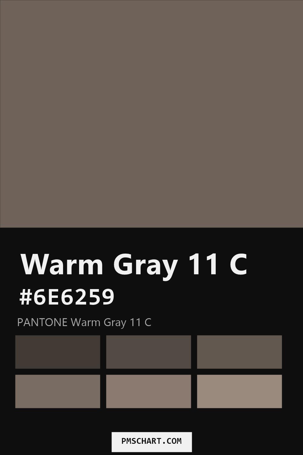 Pantone Warm Gray 11 C color reference card (HEX #6E6259) with six nearest Pantone matches