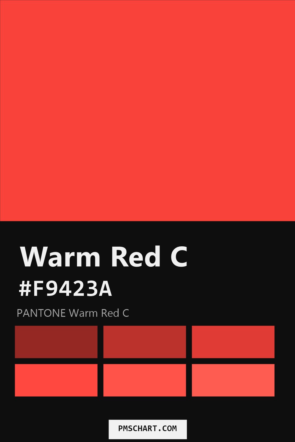 Pantone Warm Red C color reference card (HEX #F9423A) with six nearest Pantone matches