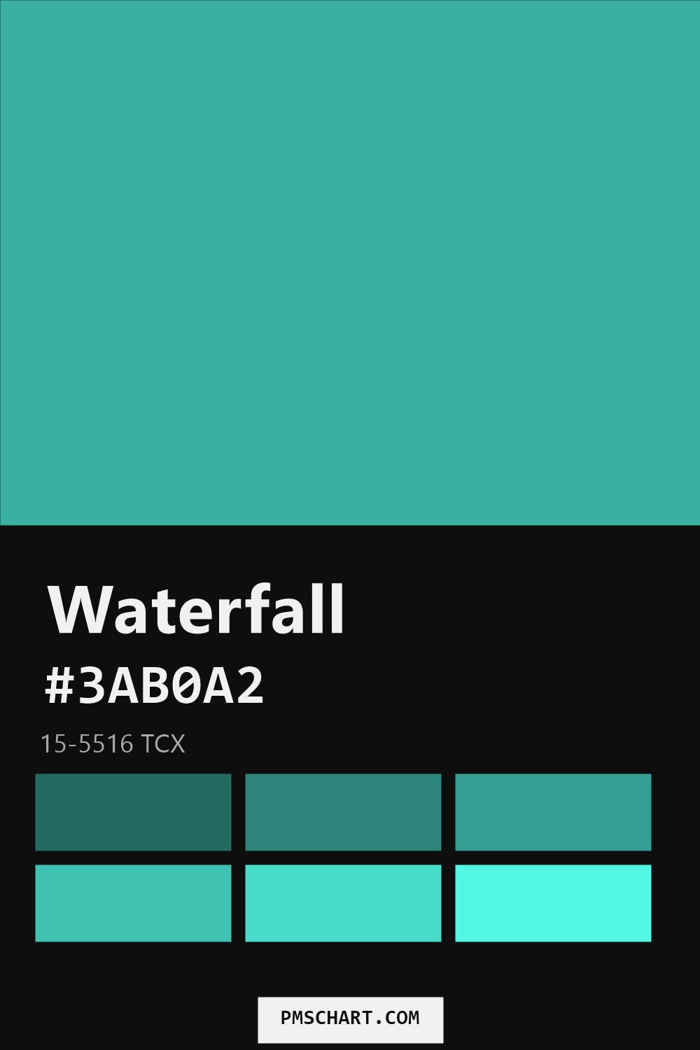 Pantone Waterfall 15-5516 TCX color reference card (HEX #3AB0A2) with six nearest Pantone matches
