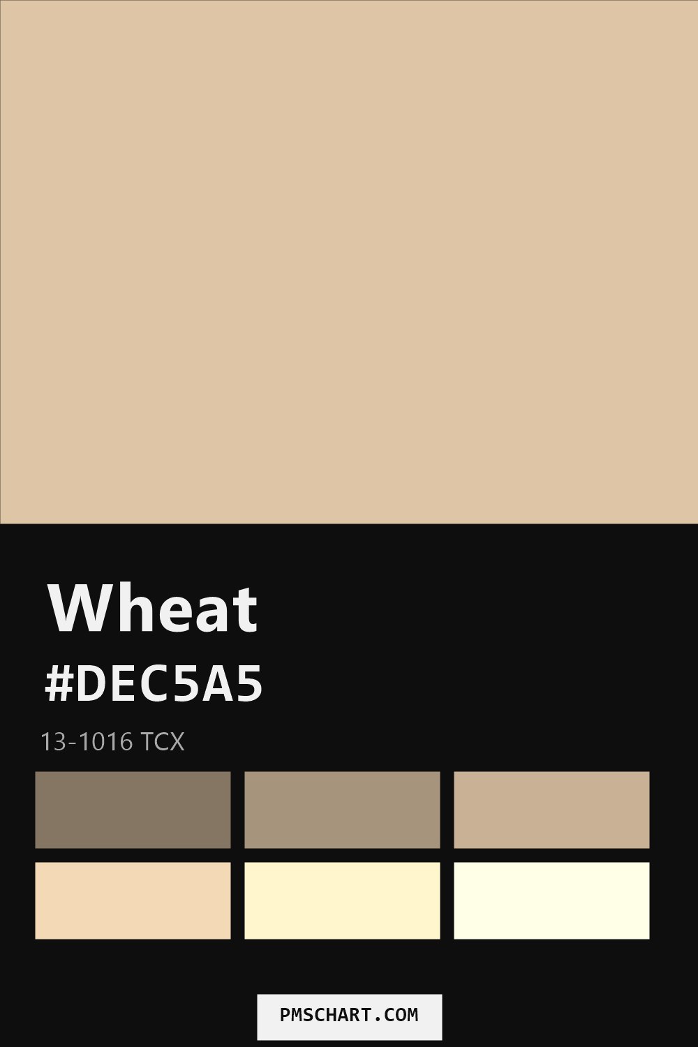 Pantone Wheat 13-1016 TCX color reference card (HEX #DEC5A5) with six nearest Pantone matches