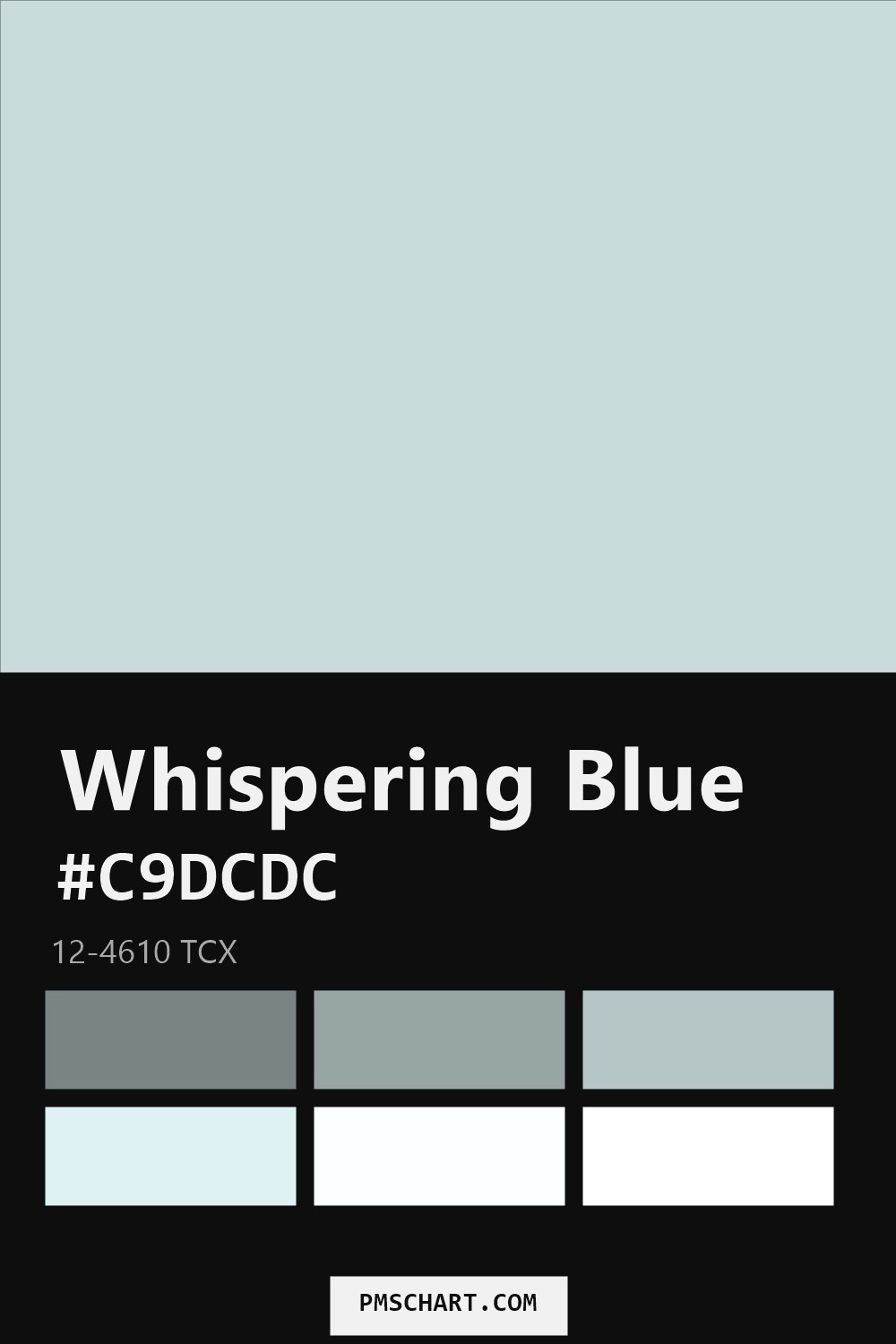 Pantone Whispering Blue 12-4610 TCX color reference card (HEX #C9DCDC) with six nearest Pantone matches
