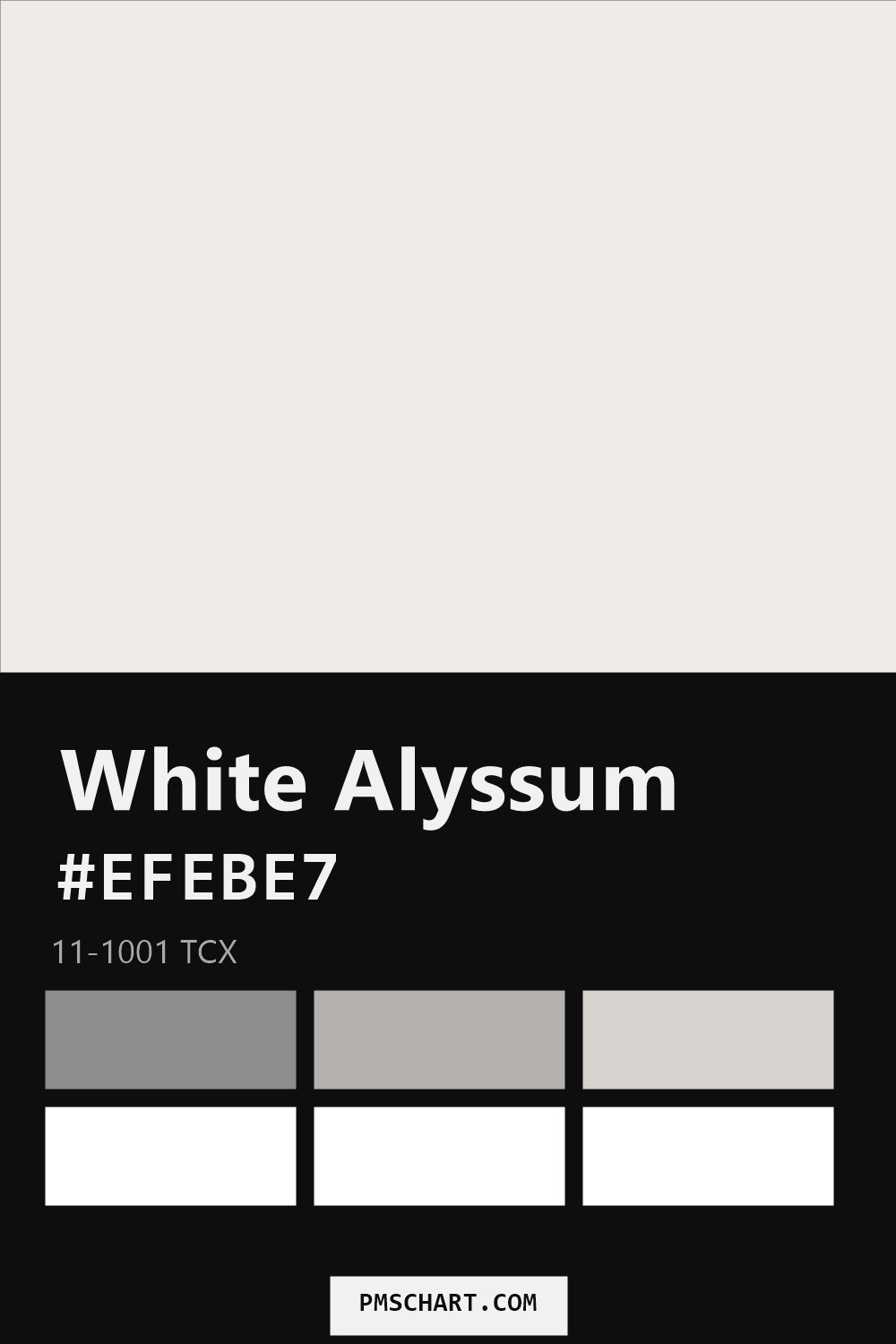 Pantone White Alyssum 11-1001 TCX color reference card (HEX #EFEBE7) with six nearest Pantone matches