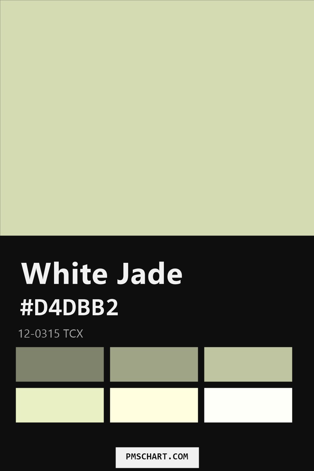 Pantone White Jade 12-0315 TCX color reference card (HEX #D4DBB2) with six nearest Pantone matches