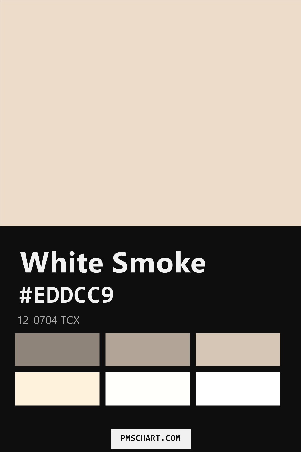 Pantone White Smoke 12-0704 TCX color reference card (HEX #EDDCC9) with six nearest Pantone matches