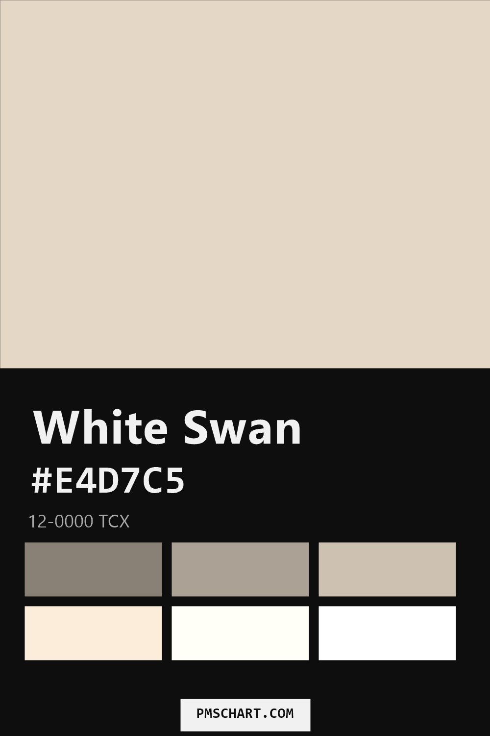 Pantone White Swan 12-0000 TCX color reference card (HEX #E4D7C5) with six nearest Pantone matches