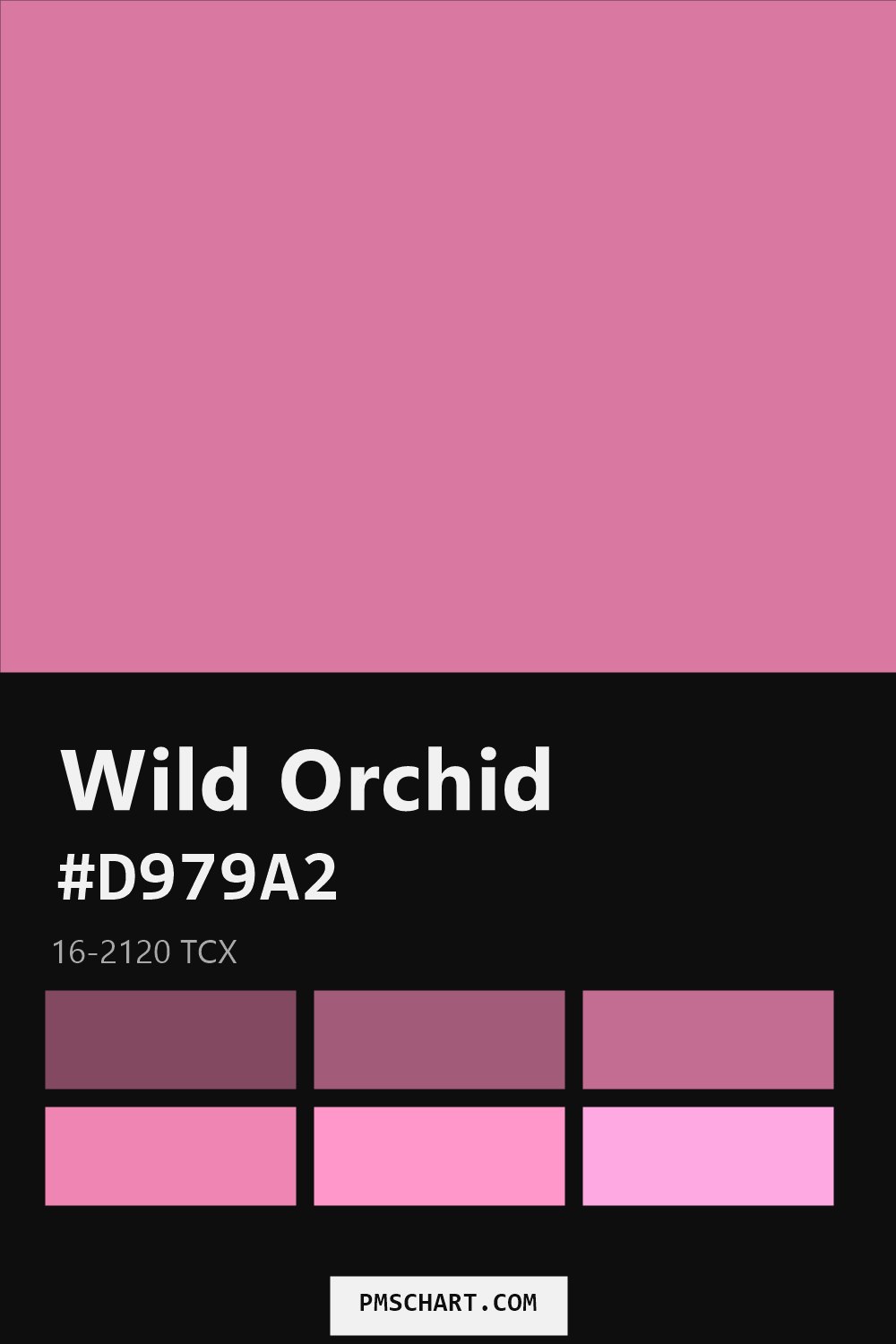Pantone Wild Orchid 16-2120 TCX color reference card (HEX #D979A2) with six nearest Pantone matches