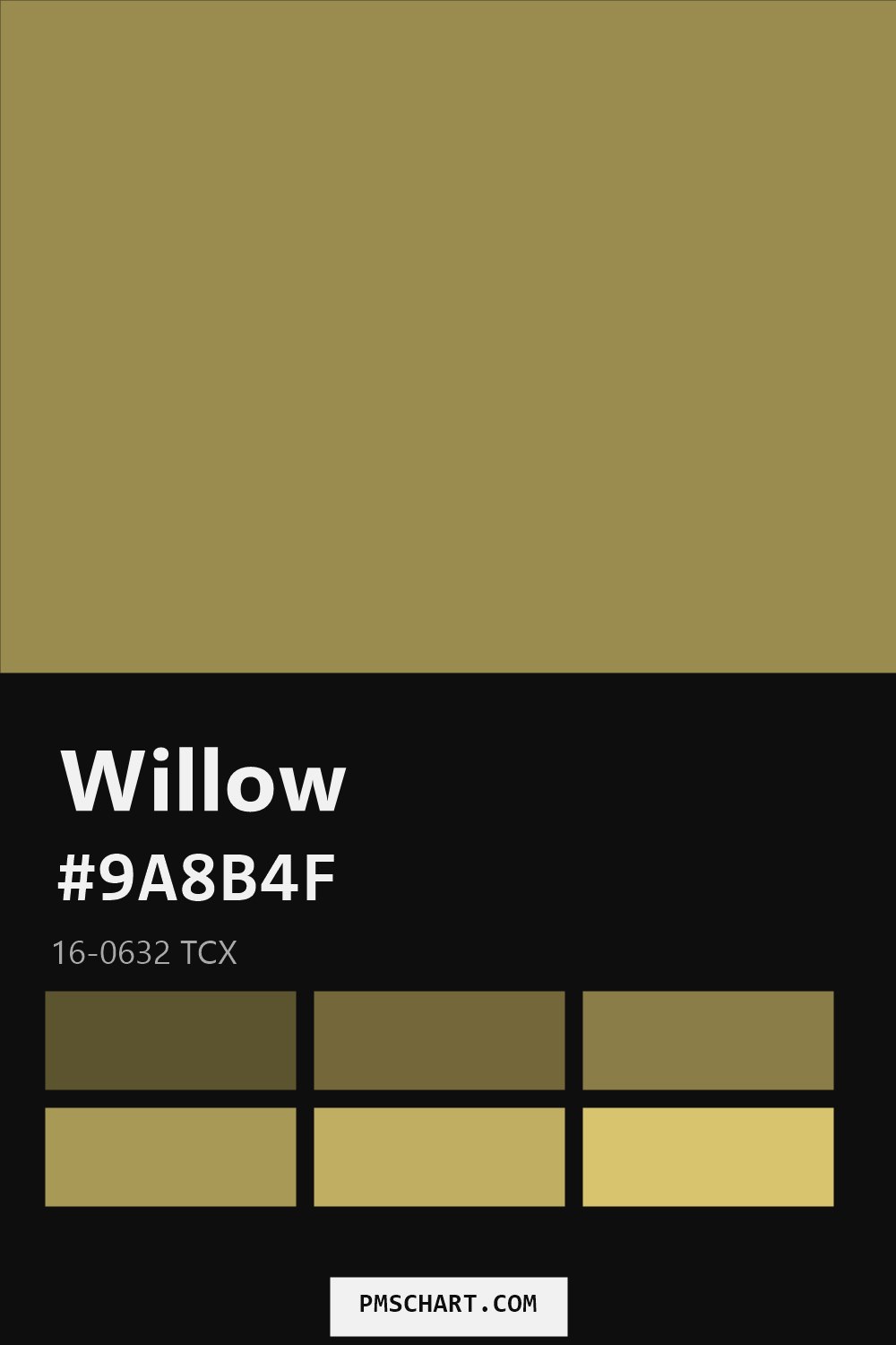 Pantone Willow 16-0632 TCX color reference card (HEX #9A8B4F) with six nearest Pantone matches