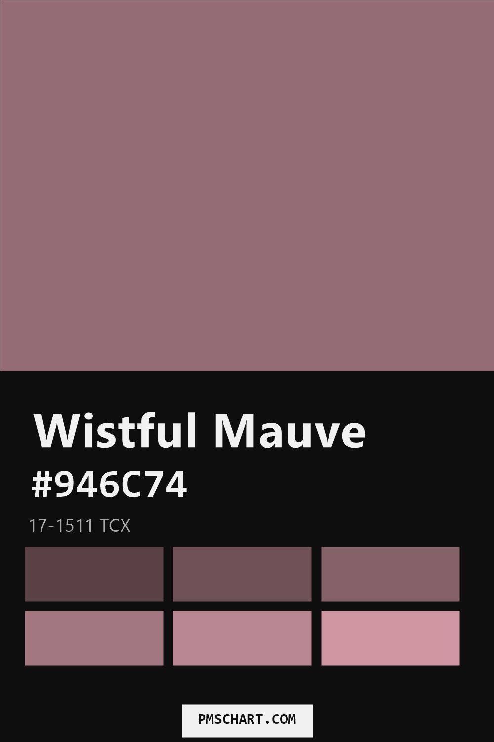 Pantone Wistful Mauve 17-1511 TCX color reference card (HEX #946C74) with six nearest Pantone matches