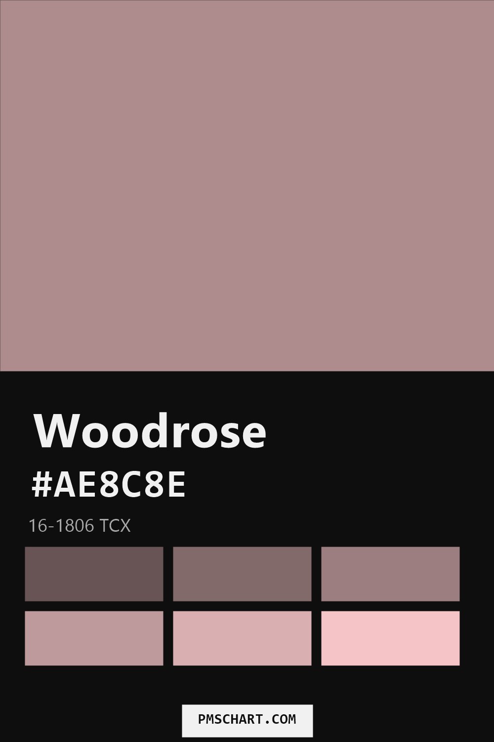 Pantone Woodrose 16-1806 TCX color reference card (HEX #AE8C8E) with six nearest Pantone matches