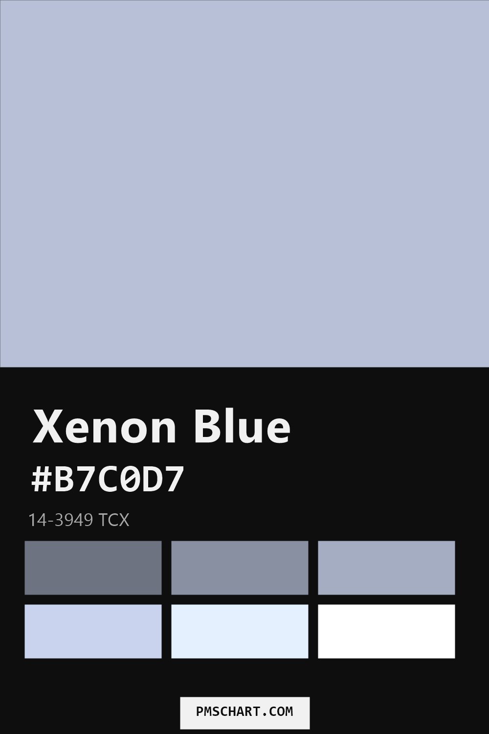 Pantone Xenon Blue 14-3949 TCX color reference card (HEX #B7C0D7) with six nearest Pantone matches