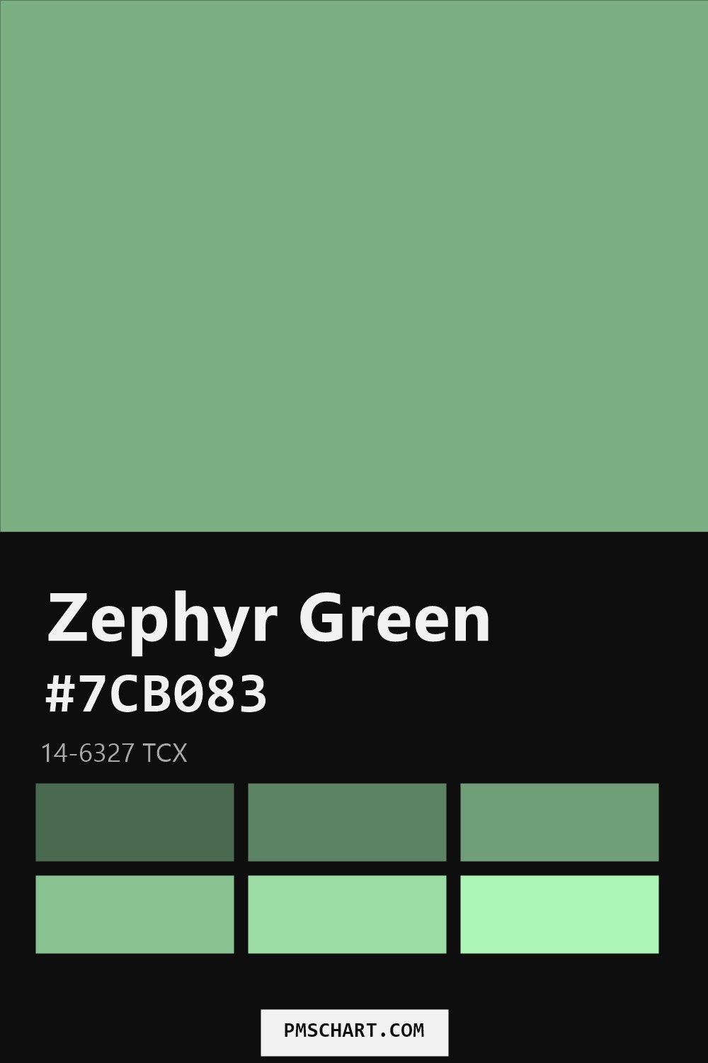 Pantone Zephyr Green 14-6327 TCX color reference card (HEX #7CB083) with six nearest Pantone matches